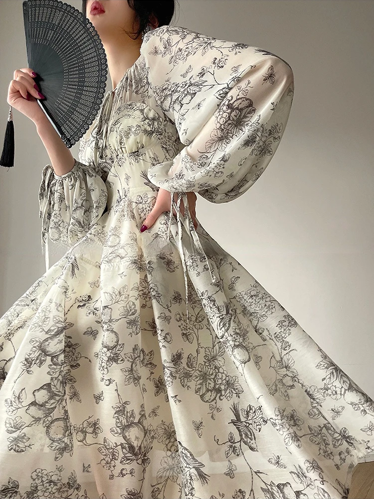 French Elegant Floral Midi Dress Woman Evening Party 2023 Summer Beach Fairy Long Sleeve Sundress One Piece Dress Korean Fashion