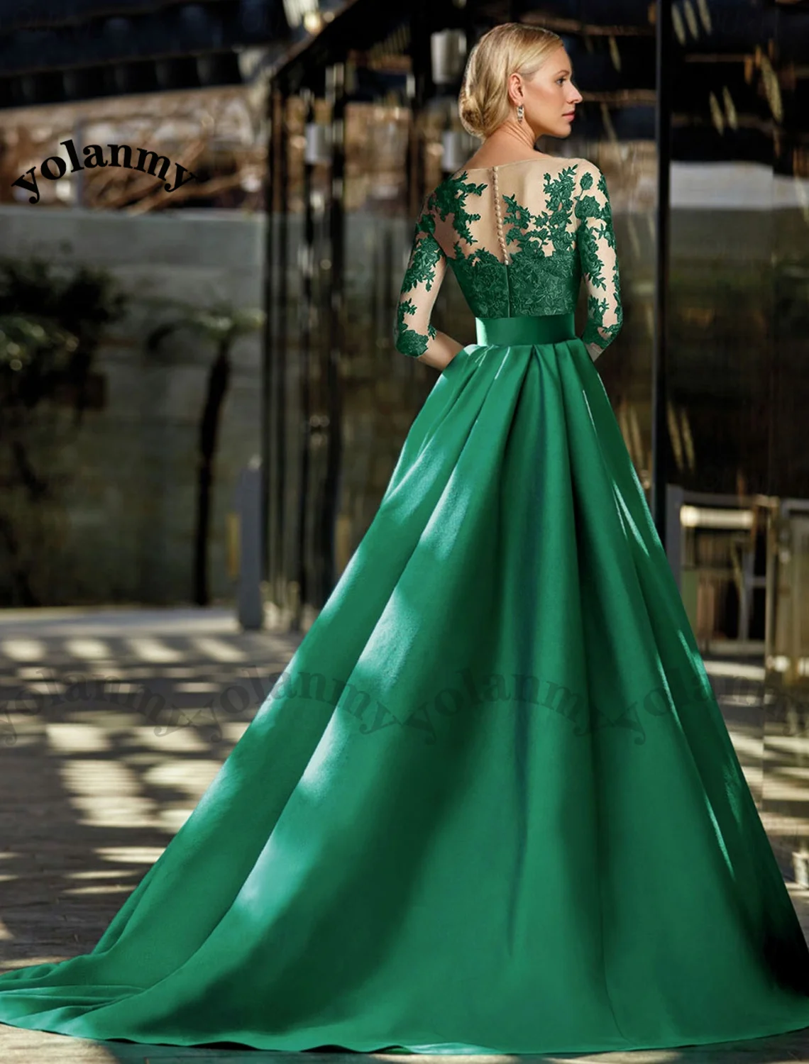 Mother Bride Dresses YOLANMY Exquisite Appliques Sashes Button Detachable Train Satin Robe De Soiree Femme Customized