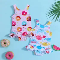 Baby Girls Bodysuit Swimsuit Summer Toddler Girls Ruffles Cartoon Prints 1 Piece Swimwear Beach Onesie Swimsuit Vacation Bikini 1