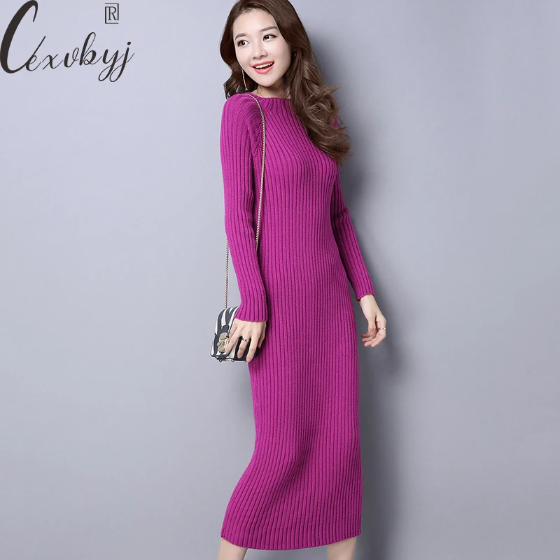 

Knitted Long Sleeve Korean Dress 2023 Solid Colors Slash Neck Pullover Maxi Dress Office Ladyd Casual Sweater Vestidos Plus Size