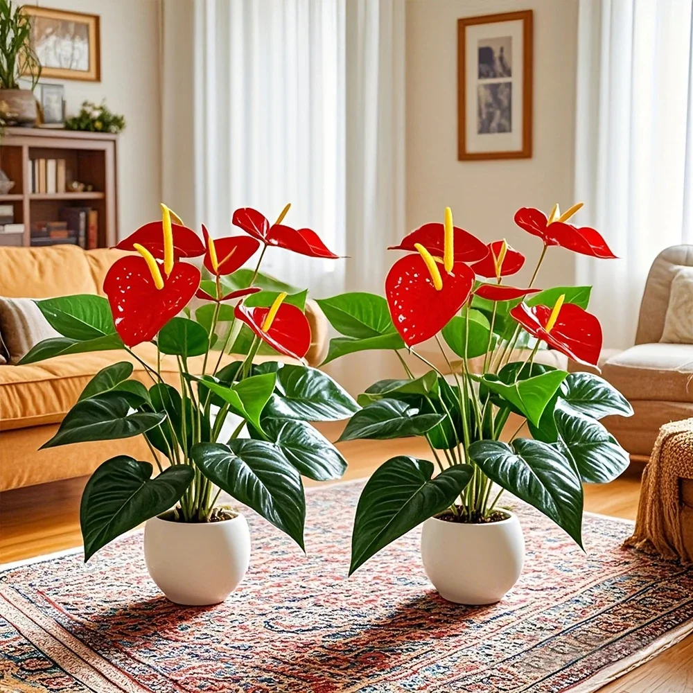 12-köpfige rote Palmen-Kunstblumen, Flamingoblume mit üppigen grünen Blättern, künstliche Pflanzen für Raum-, Haus-, Garten- und Außendekoration – Detail 3