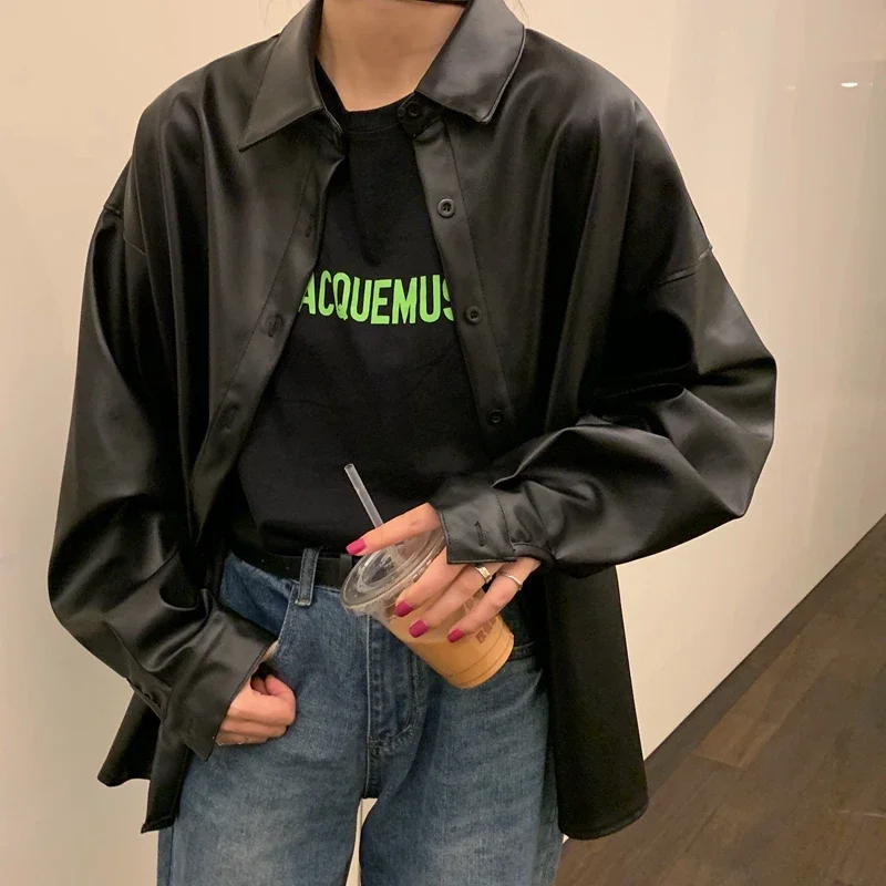 2022 Autumn Winter Blouses PU Leather Biker Jacket Women Black Faux Leather Basic Coat Turn-down Collar Oversized Motor Trench