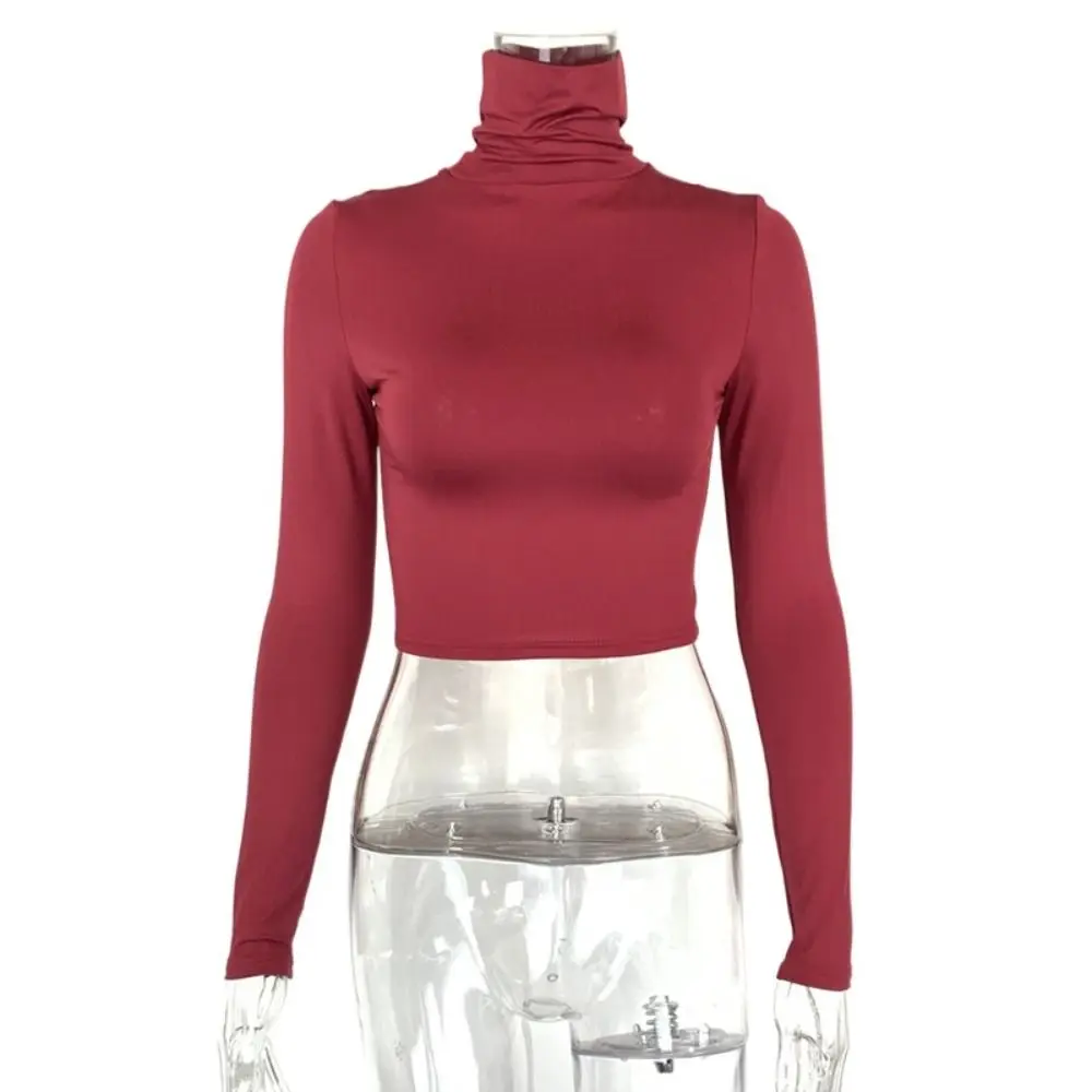 Description Picture 5 of itemSolid Color Y2k Long Sleeve T-shirt Slim Fit Chic High Collar Crop Tops Pullover Undershirts Bottoming Shirt Women Female