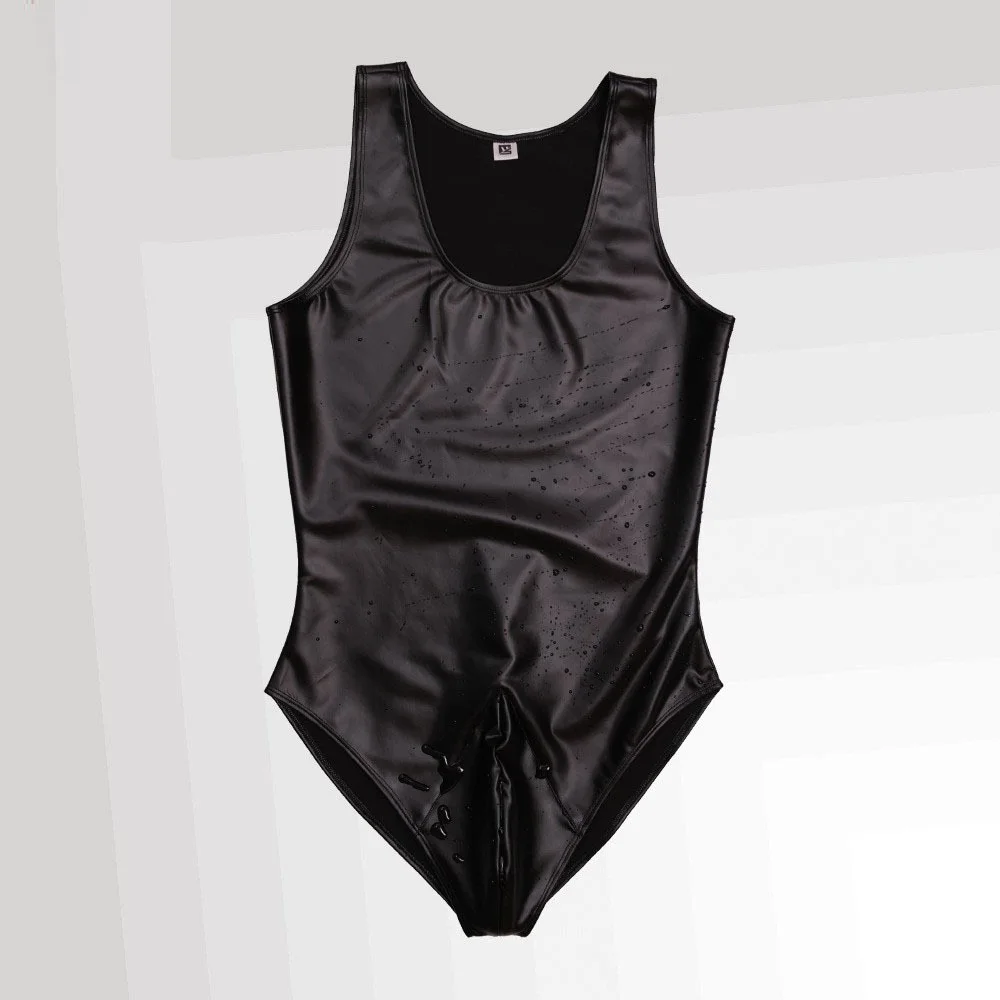 Men Sexy Leotard Faux Leather One Piece Swimsuit Slim Tight Corset High Elastic Stretchy Stylish