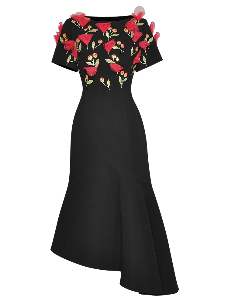 

Sweetsince Lrregular Dress Spring Summer Women Short Sleeve 3D Flower Embroidery Medium Length Dress Luxury Unique 2023 Designer