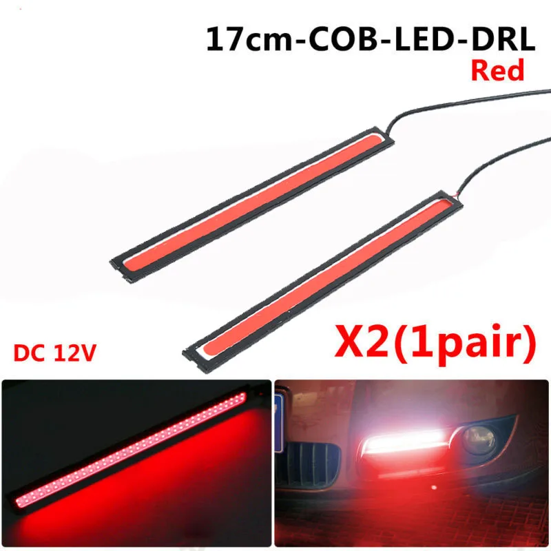 

12V LED Light Strip - 2Pcs 17cm RED COB, Waterproof, DRL Fog Light, 6000K-8000K, 3.84W, 0.29A, Brand New