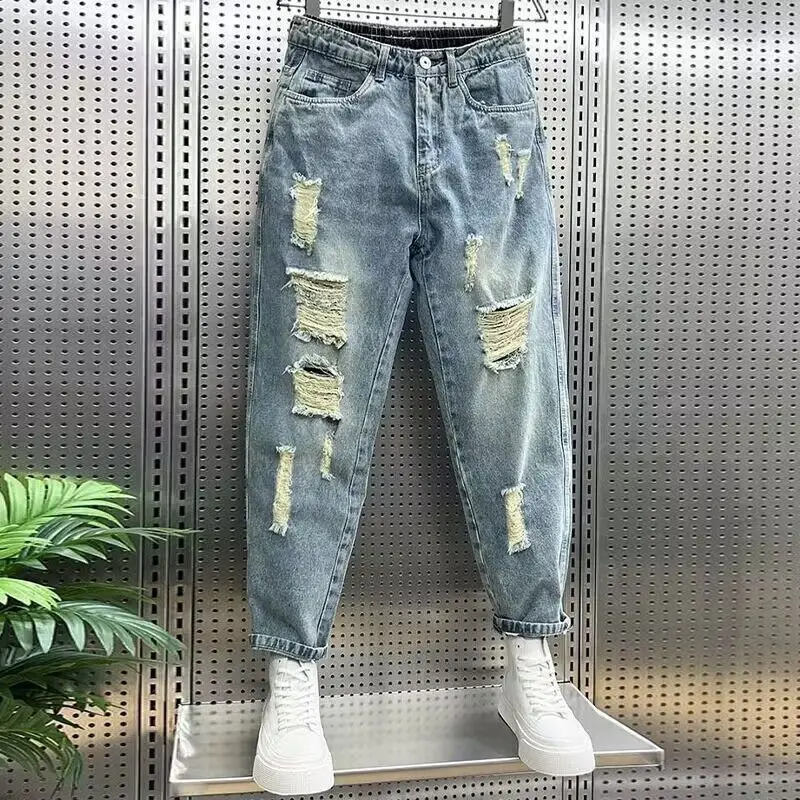 Fashion men's casual jeans vintage spring and autumn slim ripped jean pants with HOLE design men clothing luxury cargo pants