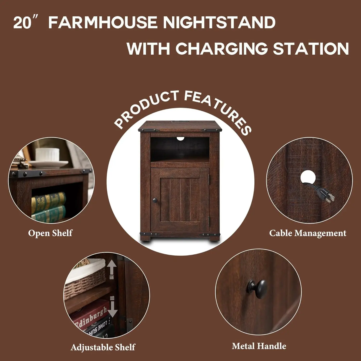 Rustic Wood Nightstand End Table, 20" Brown with Charging Station Farmhouse w/Groove Barn Door Sofa Side Bedside Table w/Open