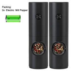 Electric Automatic Salt and Pepper Grinder Set with LED Light and Adjustable Coarseness (Black without base)