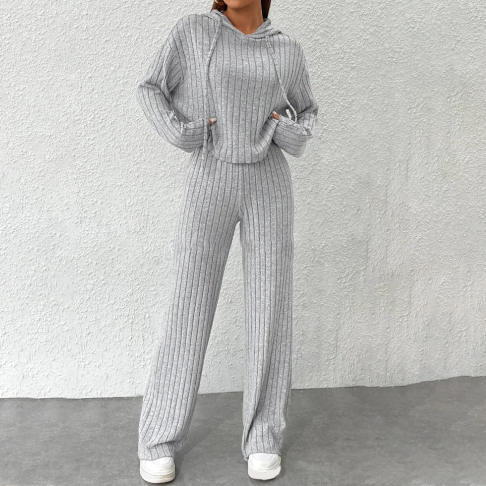

Combhasaki Women 2Piece Outfits Solid Color Ribbed Knitted Hoodie Pullovers and Wide Legs Pants Set Streetwear Aesthetic Clothes