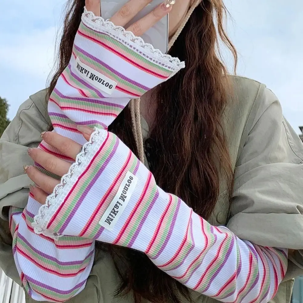

Sun Protection Ice Silk Arm Sleeves Lace Long UV Solar Arm Sleeves Anti-UV Stripe Sunscreen Thin Long Glove Cycling