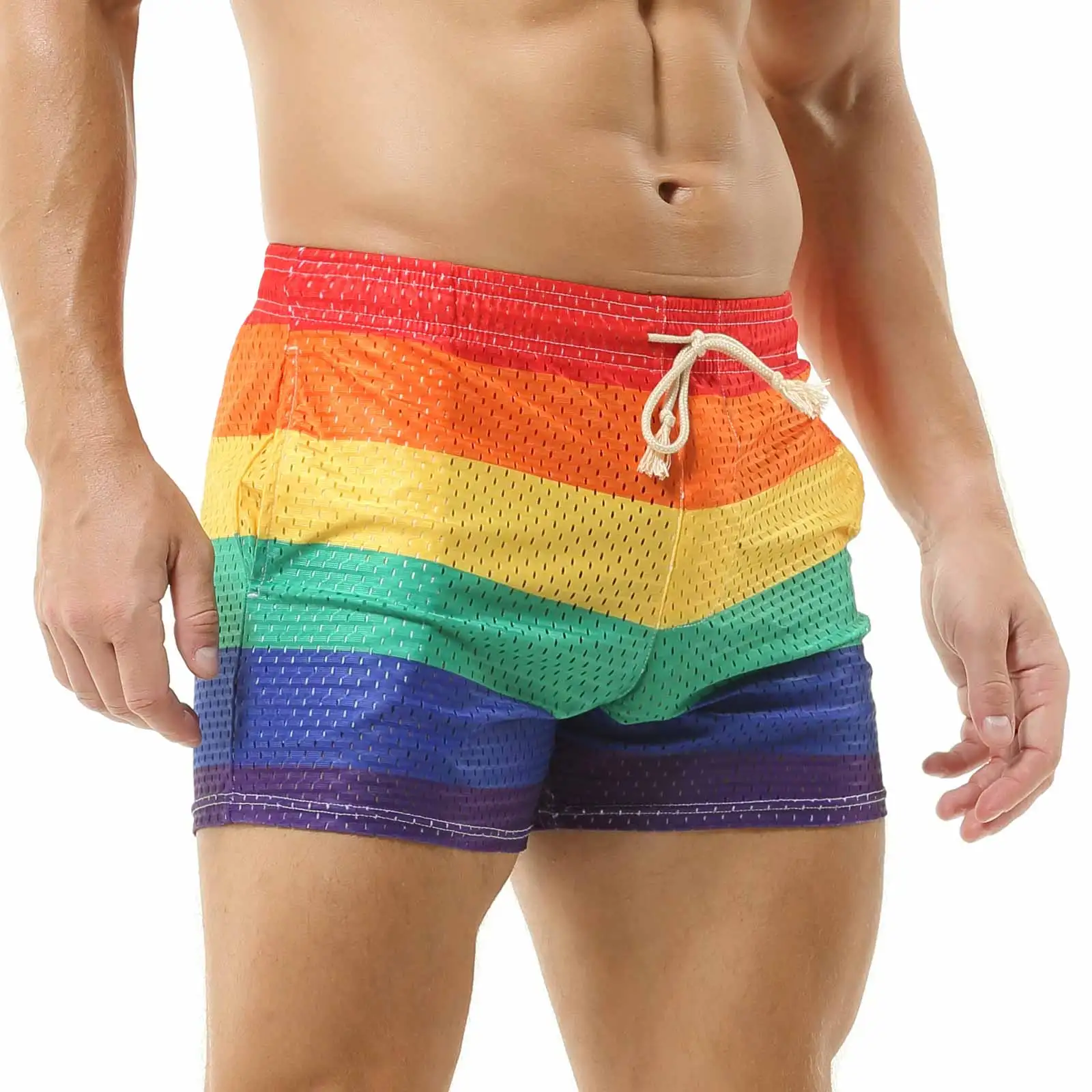 CLEVER-MENMODE Men's Rainbow Casual Shorts Pocket Loose Thin Home Shorts Beach Boxers Tether Mesh Breathable Panties