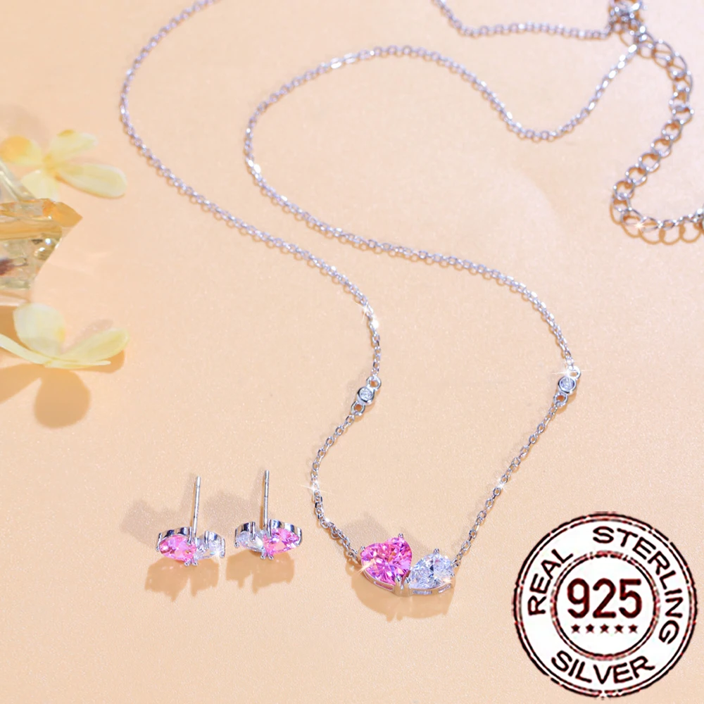 QooLady S925 Silber Süße Rosa Weiß CZ Zirkon Herz Form Halskette Ohrringe Set für Frauen Hochzeit Engagement Edlen Schmuck ST033 – Detail 8