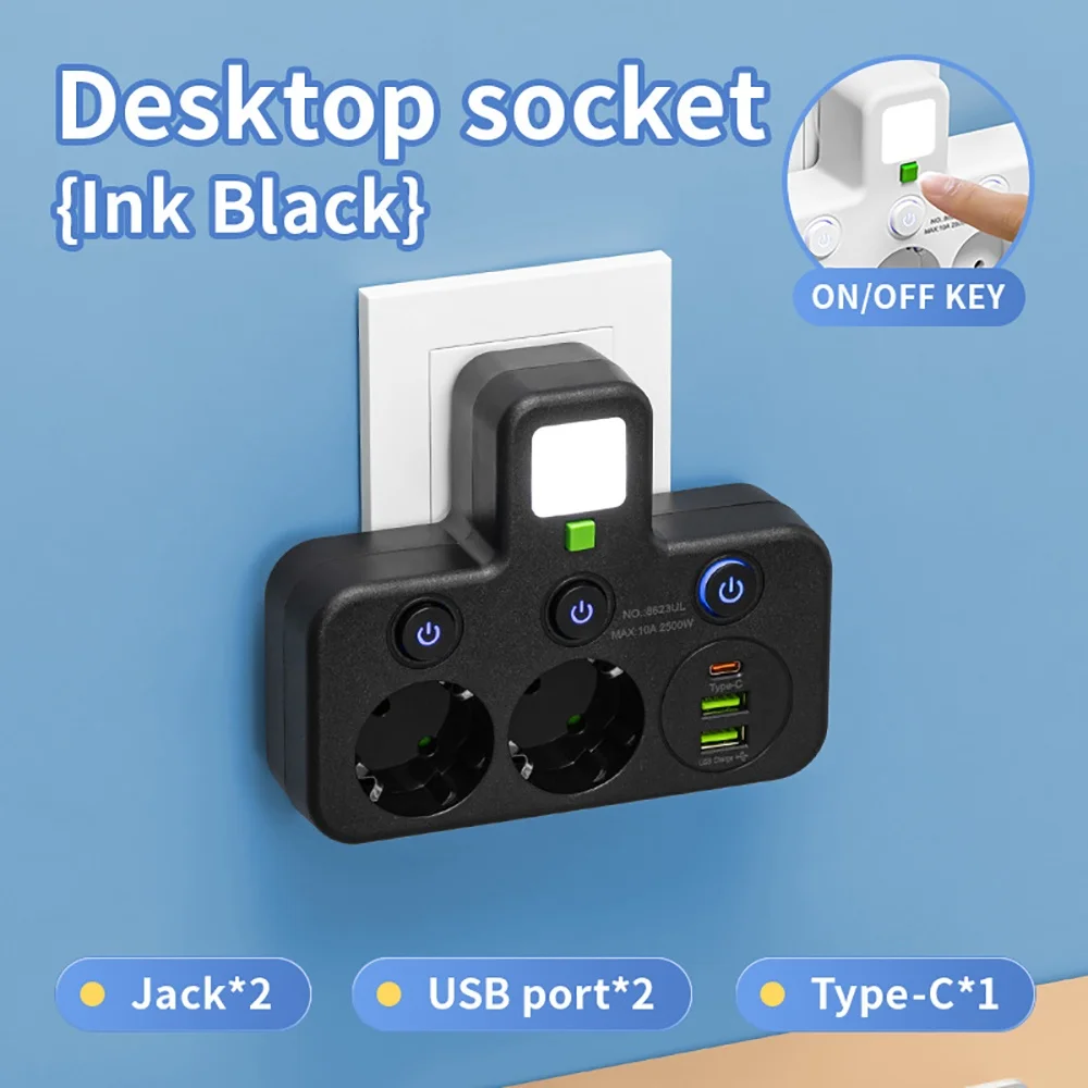 Black 2 Sockets USB