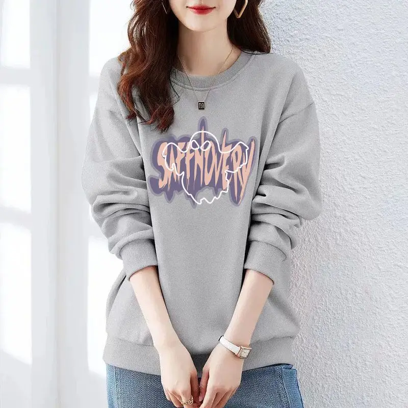 Autumn Winter Women's Pullover Round Neck Solid Letter Printing Screw Thread Lantern Long Sleeve Hoodies Casual Loose Tees Tops