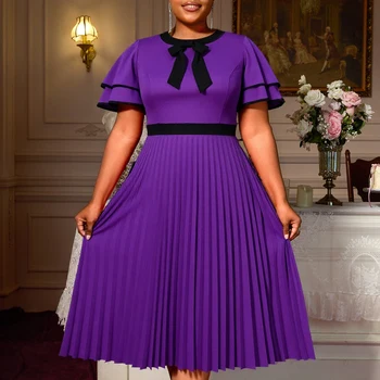 Eleganti abiti midi a linea A da donna o collo con fiocco maniche corte a strati patchwork pieghettato ufficio festa cena datteri outfit