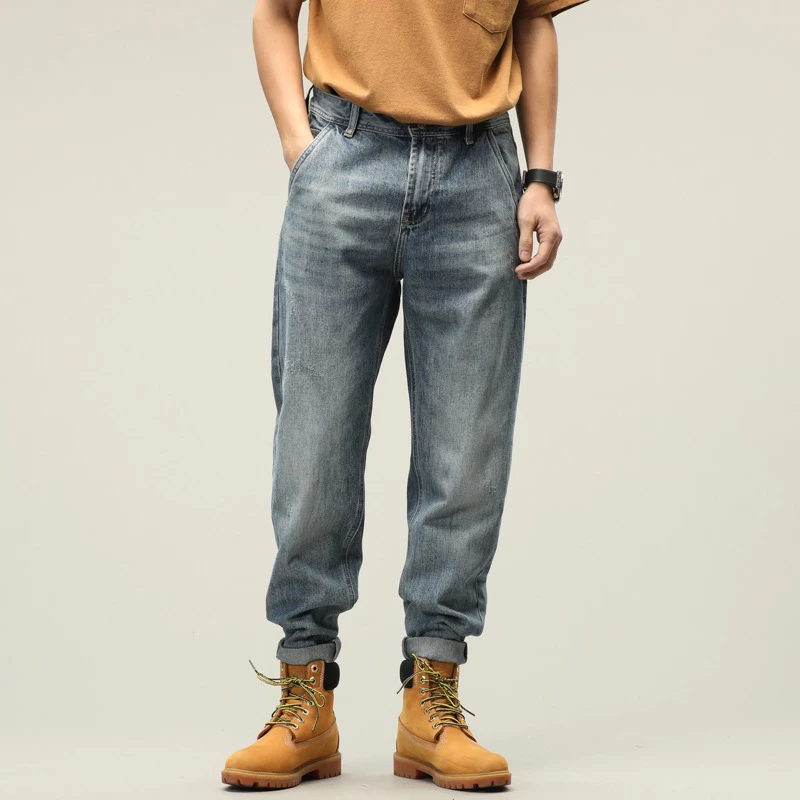 EH·MD Loose Light Blue Jeans Simple Atmosphere Large Size Trend Pure Cotton Casual Cat Whisker High Street Fashion Zipper Pocket