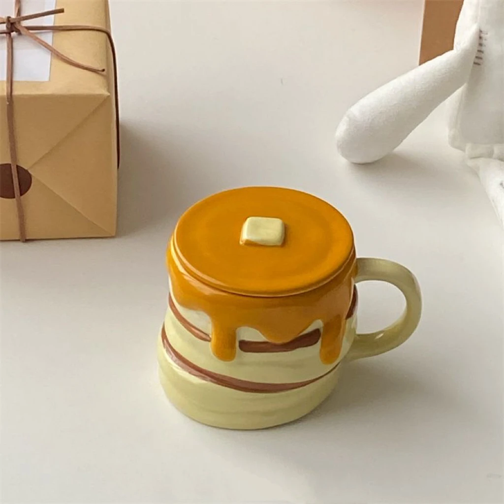 

300ml Creative Kawaii Cute Honey Muffin Shape Underglaze Ceramic Mug With Lid Coffee Cup Perfect Birthday Gift For Kid Woman