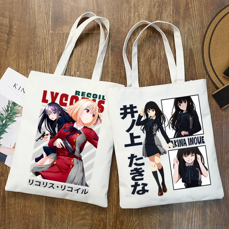 

Lycoris Recoil Shopping Bag Graphic Tote Harajuku Women Canvas Majima Chisato Nishikigi Takina Shoulder Bag Female Ulzzang Eco