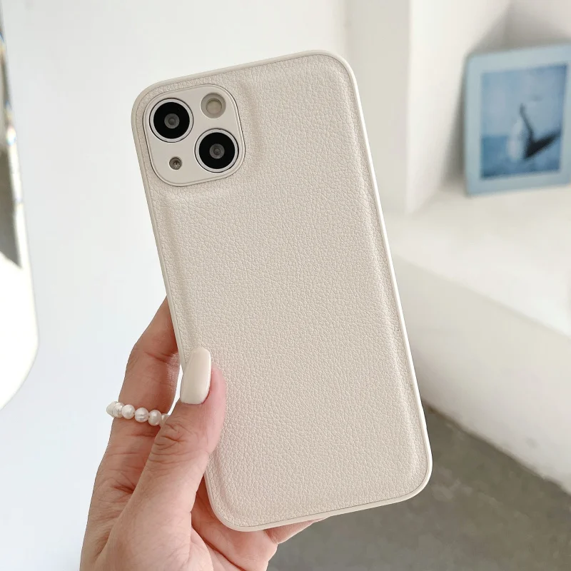 Funda de teléfono de silicona de cuero sintético de color sólido de lujo para iPhone 11 12 13 14 15 16 Pro MAX X XR XS SE 7 8Plus cubierta blanca, marrón y rosa