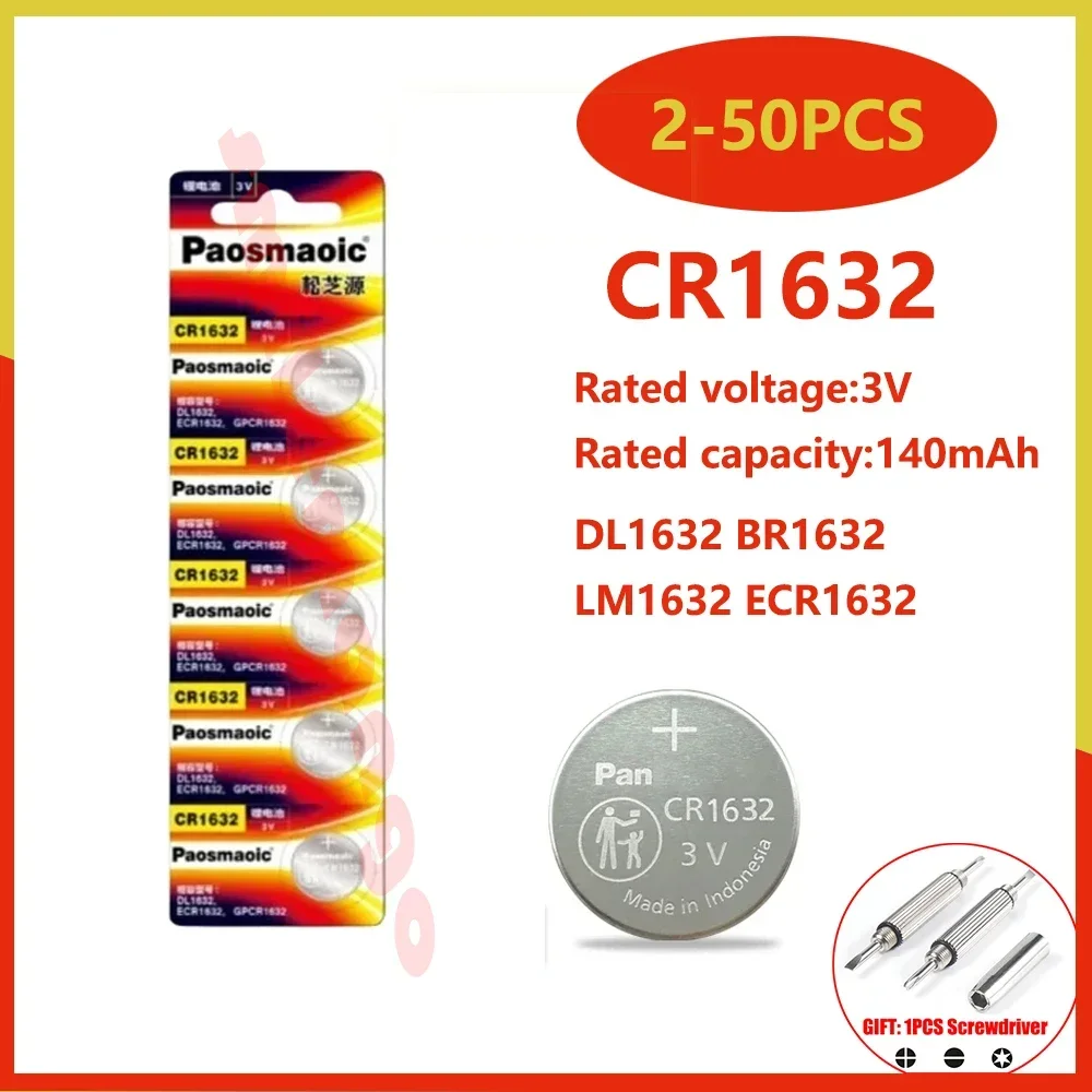 Batteria Al Litio Originale 2-50Pcs Cr1632 3V Dl1632 Br1632 Lm1632 Ecr1632 Per Orologio Con Telecomando Per Auto Specializzato + Cacciavite