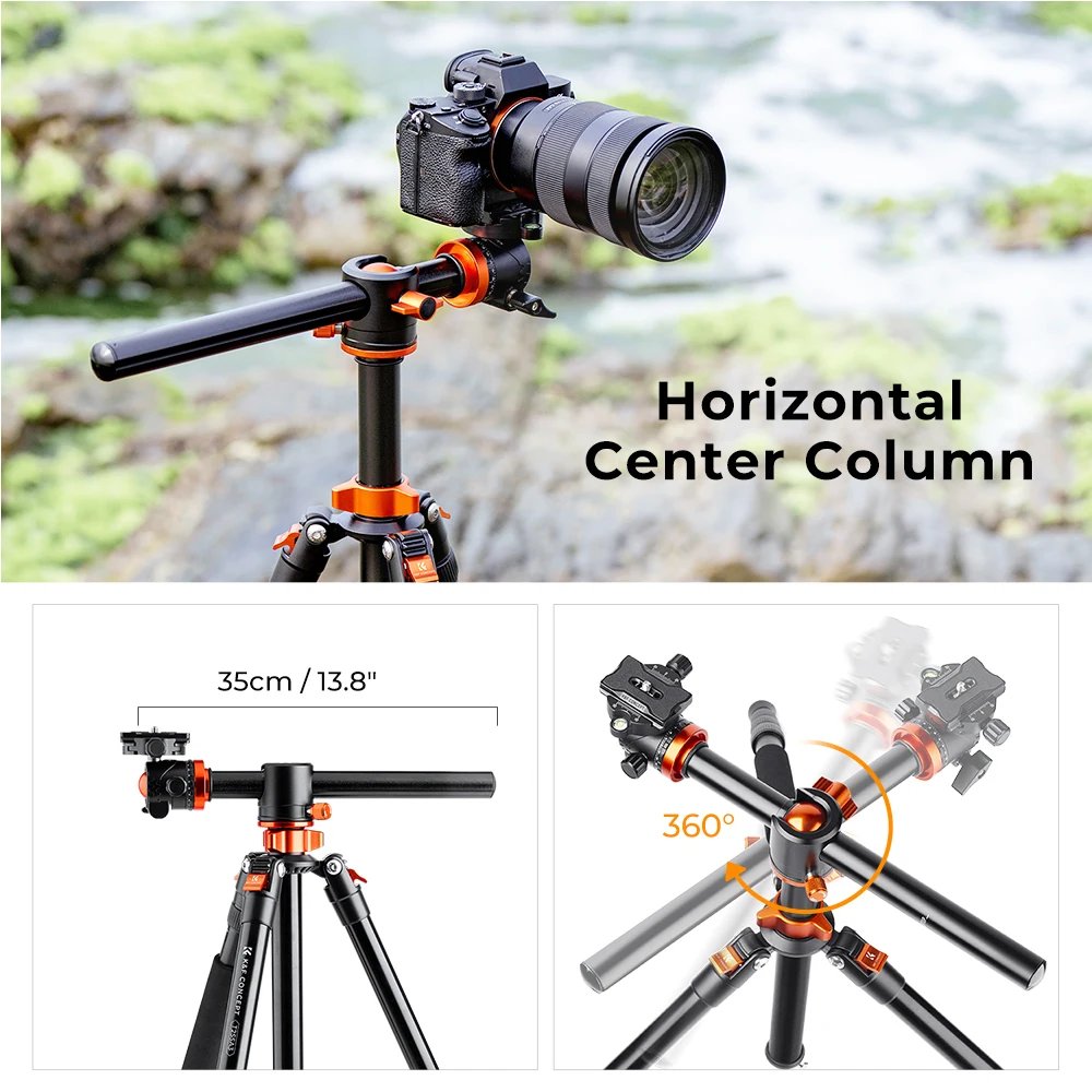 K&F Concept Travel Aluminium Camera Tripod with Transverse Center Column 72