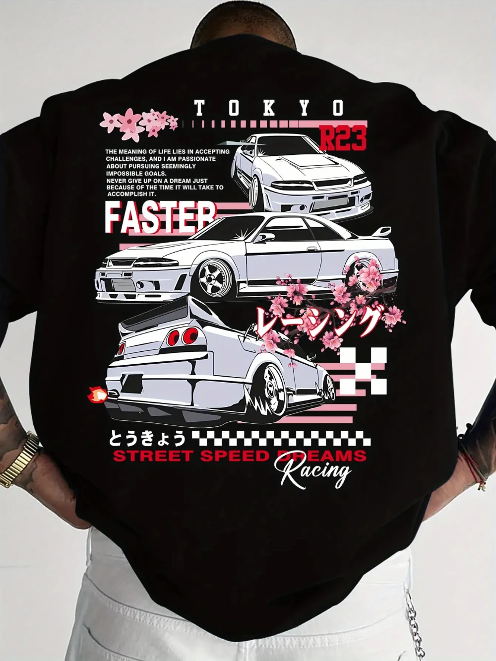 Men's Japanese Street Style Racing Print T-Shirt Cherry Blossom and JDM Car Design Tokyo Speed Team Lettering Quick-dry Tee