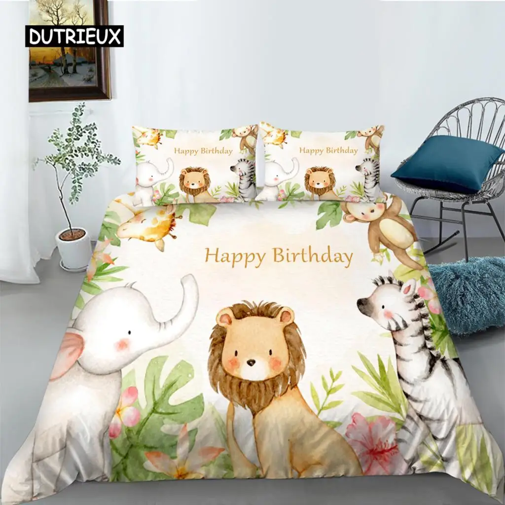 Cartoon Animal Happy Birthday King Queen Copripiumino Cute Lion Bedding Set Bambini Ragazzi Ragazze Elefante 2/3 Pezzi Copripiumino In Poliestere