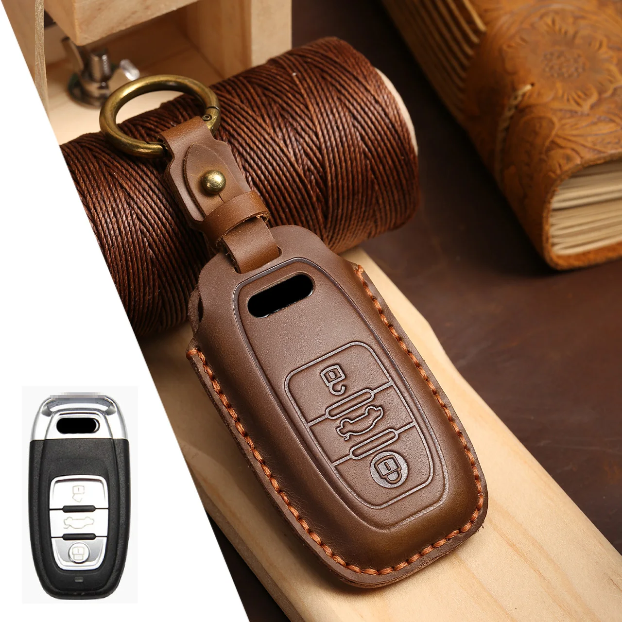 Premium Leather Car Key Case with Keychain