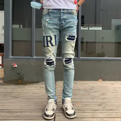 하이 스트리트 패션 남성용 청바지, 빈티지 워시 블루, 탄성 타이트 스플라이스 스플릿 청바지, 블랙 패치 디자이너, 힙합 브랜드 팬