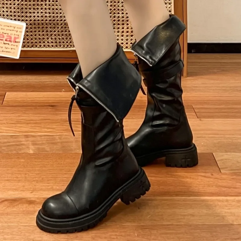 2023 High Quality Shoes for Women Zipper Women Boots Winter Round Toe Solid Tall Barrel Chunky Heel Fashion Boots Zapatos Mujer