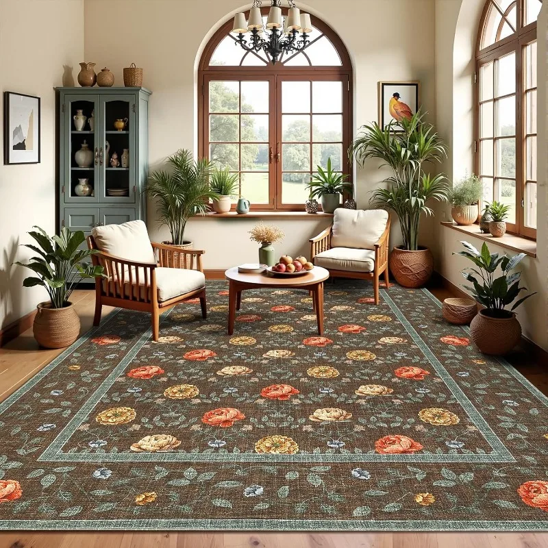Floral Living Room Carpet Retro Pastoral Art Design Bedroom Plush Rug Foldable Machine Washable Non-slip Cloackroom Mat 러그 Tapis