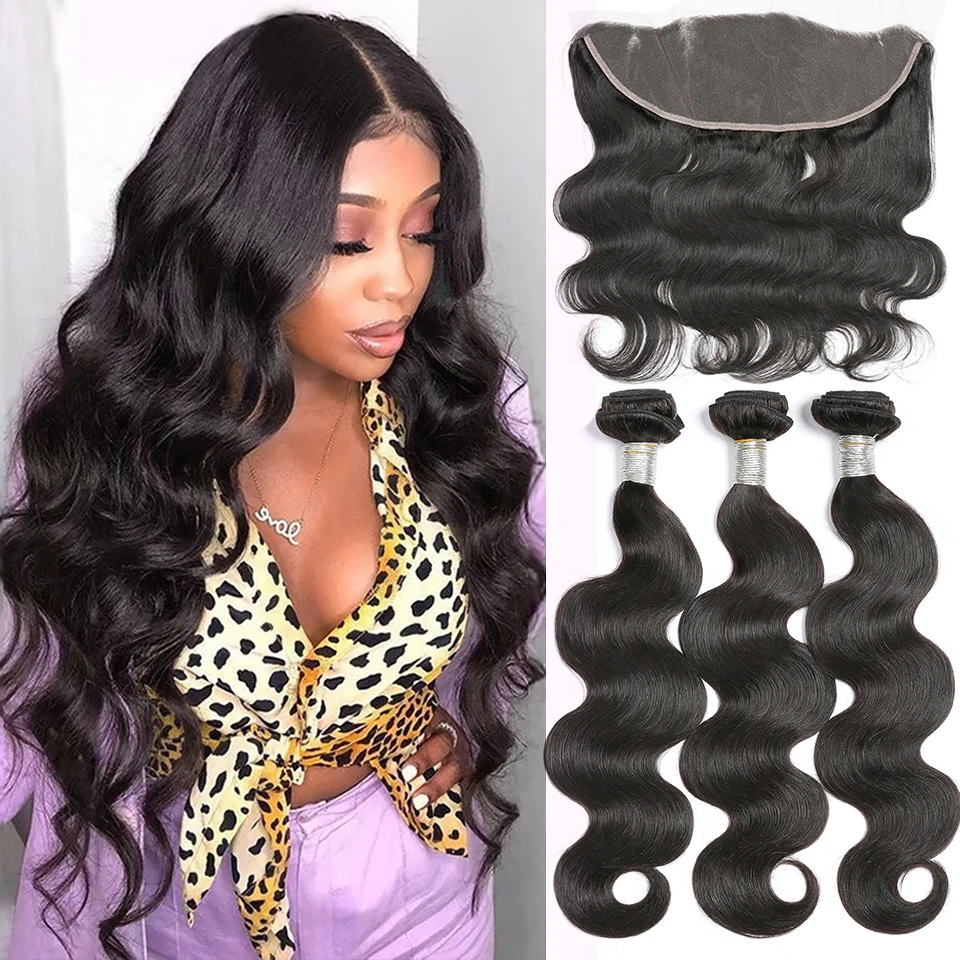 

10A Body Wave Bundles With Closure Brazilian Hair Weave 3/4 Bundles With HD 13x4 Lace Frontal Remy Human Hair Extensions