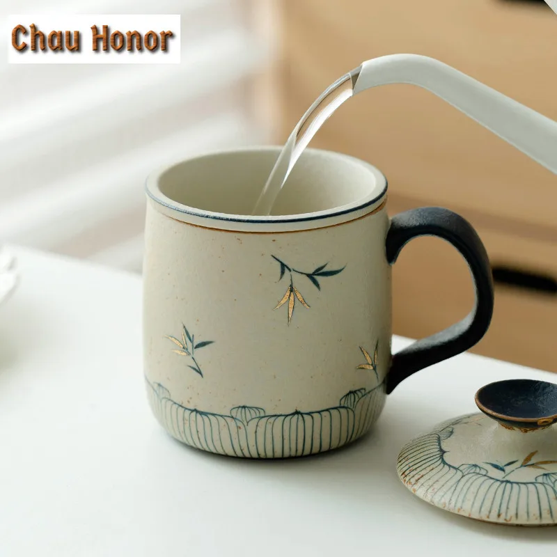 430ml Retro Blue And White Flint Red Filter Tea Separator Cup Pure Hand-painted Green Bamboo Office Work Cup Coffee Mug Drinking