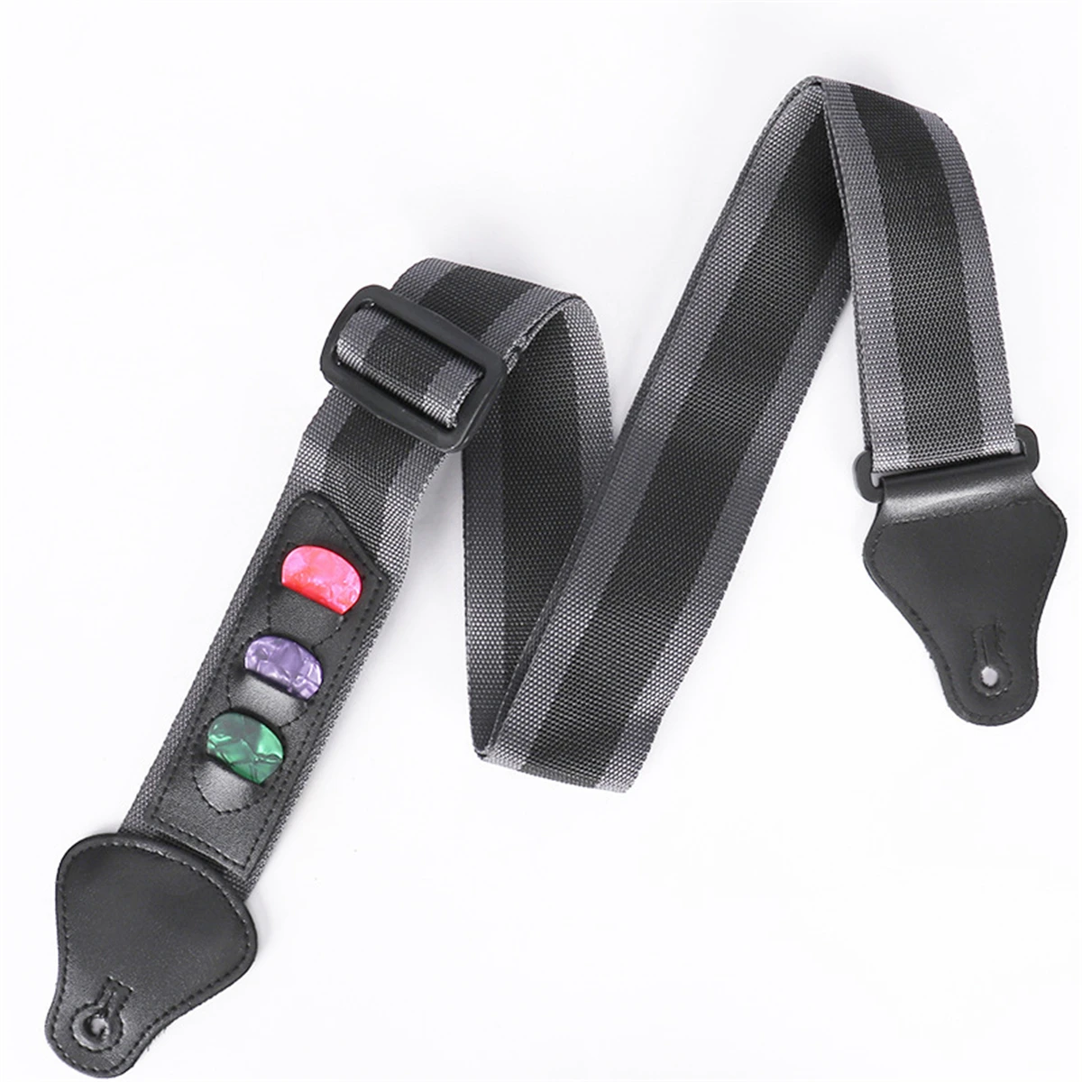 E-Gitarrengurt, verstellbar, mit 3 Gitarrenplektren, Halter, PU-Lederenden, Akustikgitarre, Bassgurt, Gürtelzubehör – Detail 4