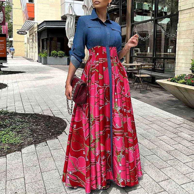 

Spring Printed Patchwork Boho Maxi Dress Women Turn-down Collar Button Office Long Dress Autumn Adjusted Long Sleeve Party Dress