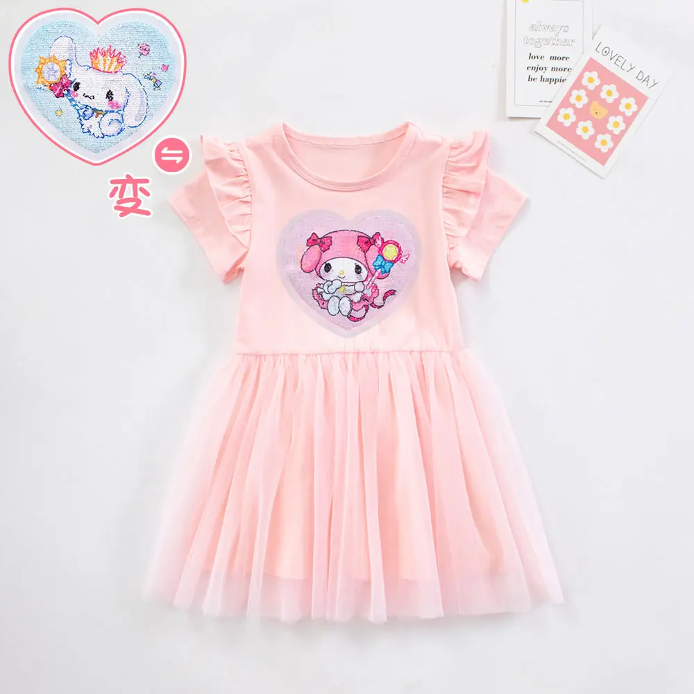 

2024 Girls My Melody Dress Kawaii Sanrio Anime Cinnamoroll Summer Sweet Cute Cartoon Flip Sequin Kids Dress Clothes Gift for Kid