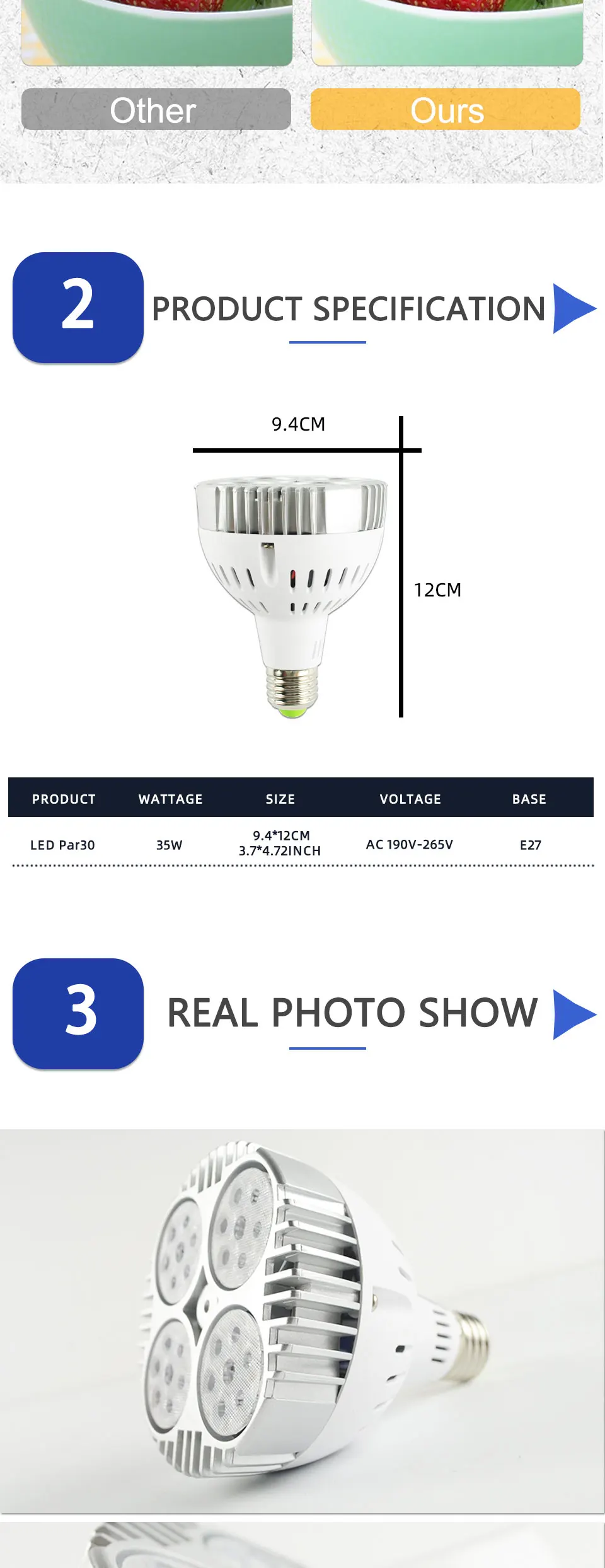 Description Picture 4 of itemLED Lamp PAR30 35W LED Spotlight AC 220V 240V 3000K 4000K 6000K Led Bulb par30 Lampara for Home Lighting Super Bright