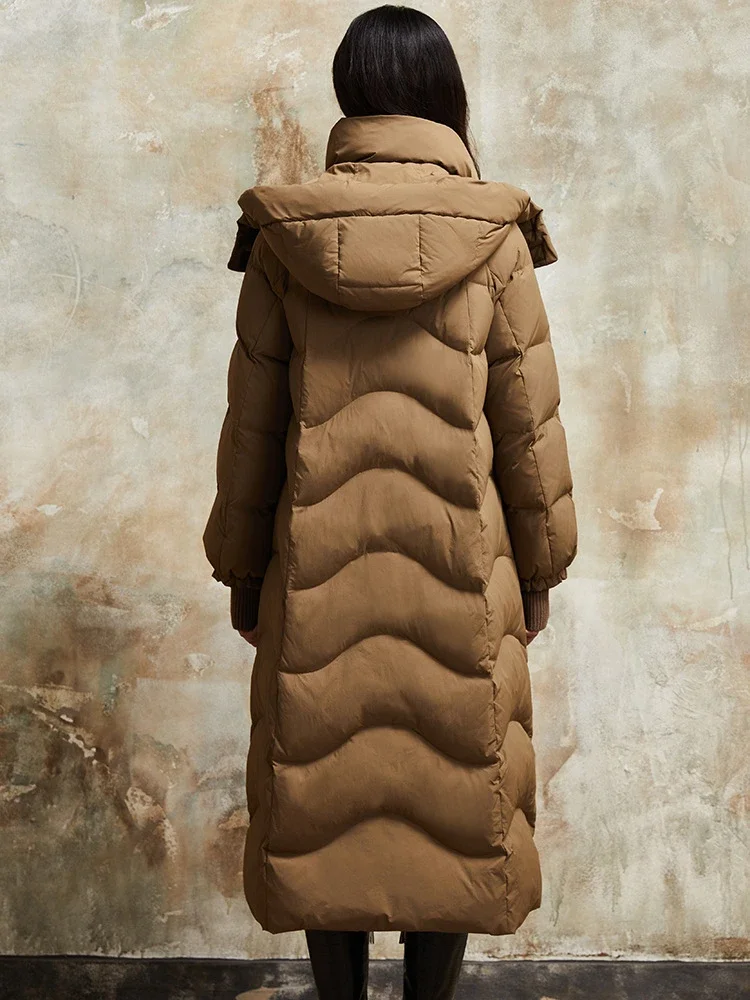 2023 Winter long down jacket women simple and warm 90 white duck down hooded over-the-knee padded coat women