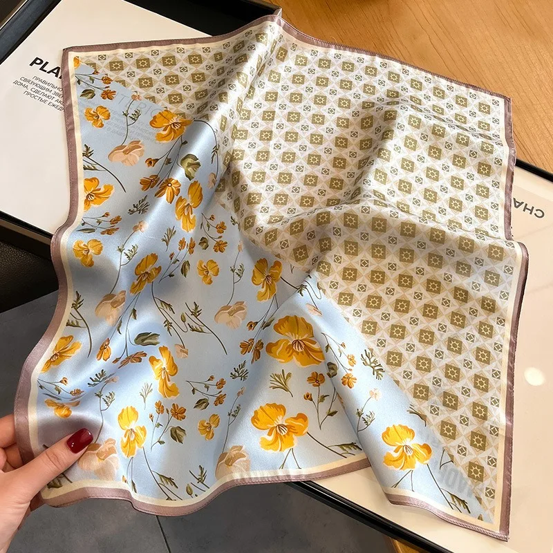 1pcs 70cm Small Yellow Flower Pattern Silk Scarf Women Simulated Silk Fresh and Fashionable Versatile Headscarf Scarf and Shawl 4