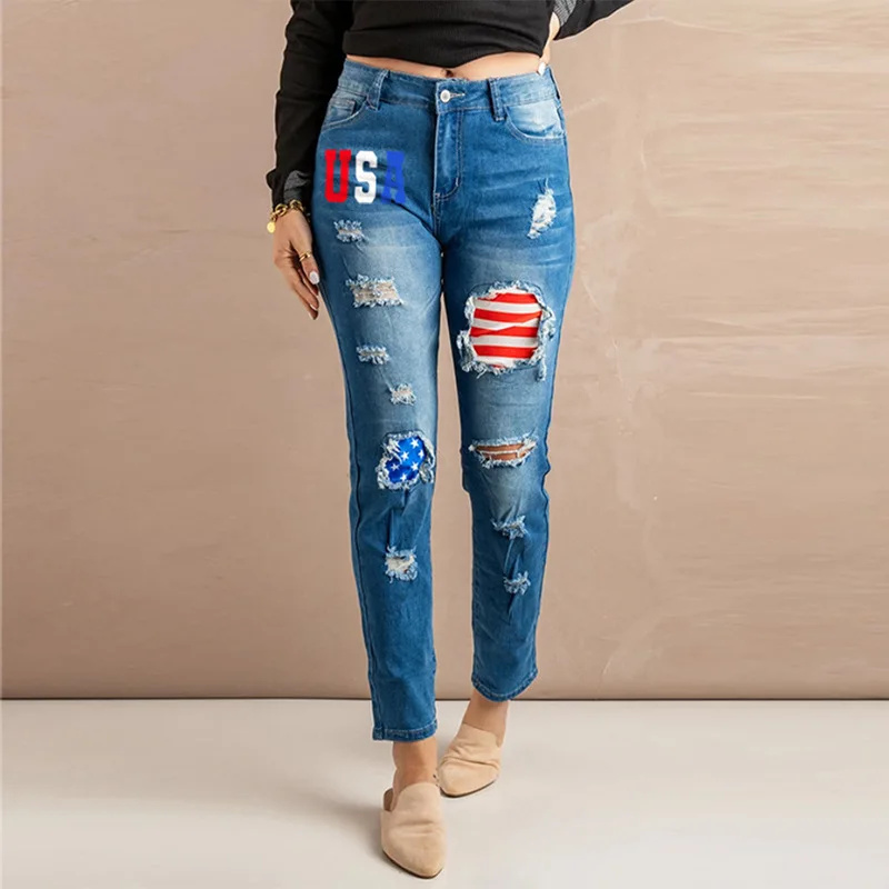 

2022 July 4th Independence Day Flag Lady Trousers Girl Maid Ripped Blue Skinny Straight Jeans Womens Clothing Ninth Pencil Pants
