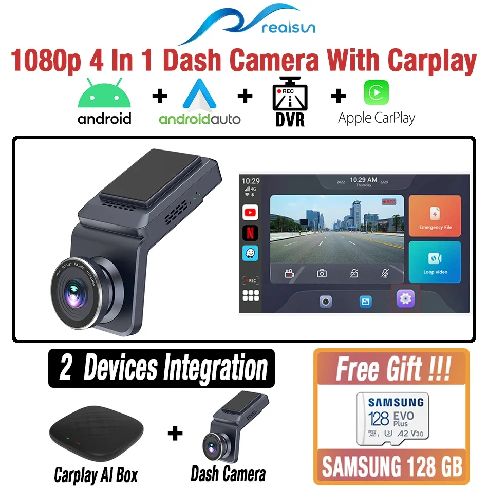 1080p USB 블랙박스 DVR 내장 무선 카플레이 무선 안드로이드 오토 안드로이드 9.0 4+64G 4G 네트워크 카플레이 AI 박스