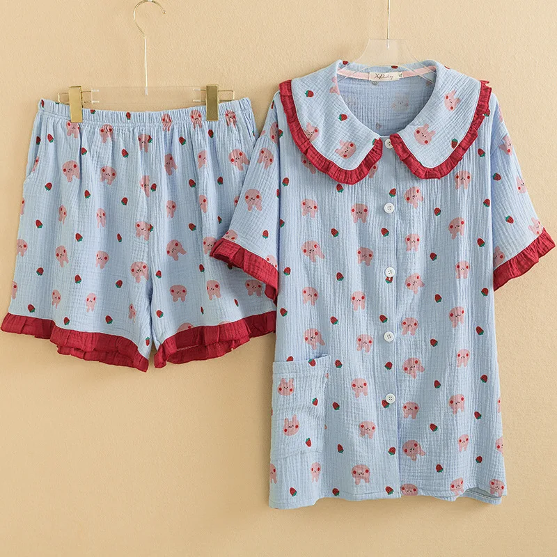 

Doll Neck Short Sleeved Shorts Pajama Set Plus Size 4XL 5XL Sleepwear Summer Cotton Loungewear Female Sweet Cute Nightwear