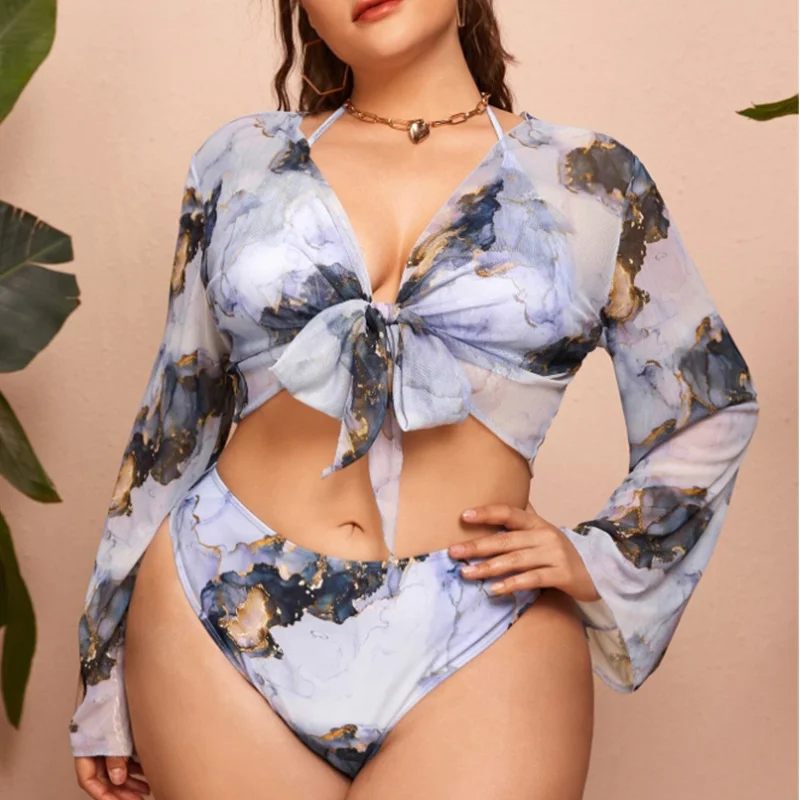 2023 Printed Bikini Set Cover Up Fat Lady Large Size 4XL Beach Swimsuit For Women Gathering Long Sleeve Three Pieces Swimwear