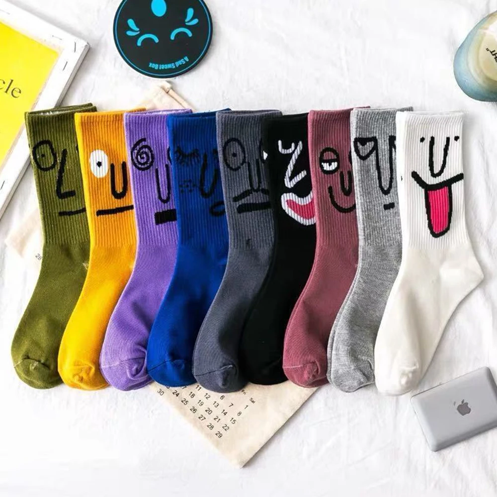3Pairs Funny Expression Sock Fashion Solid Color Cute Girl Kawaii Trend Korea Funky Harajuku Combed Cotton Unisex Women Socks
