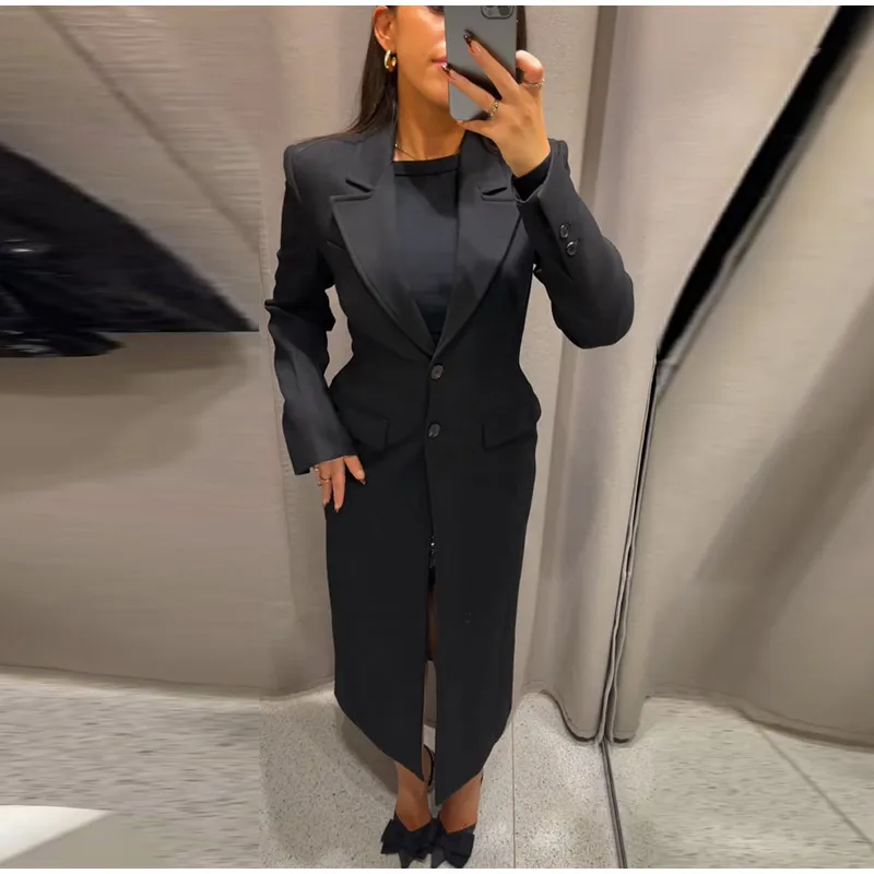 Vintage Lapel Black Long Overcoat Women Slim High Waist Full Sleeve Single Breasted Shoulder Pad Coat New Spring Commute Outwear