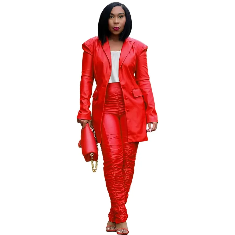 

Women Faux Pu Leather Two Piece Suit Set Sexy Blazer Jacket Ruched Stacked Pants Set