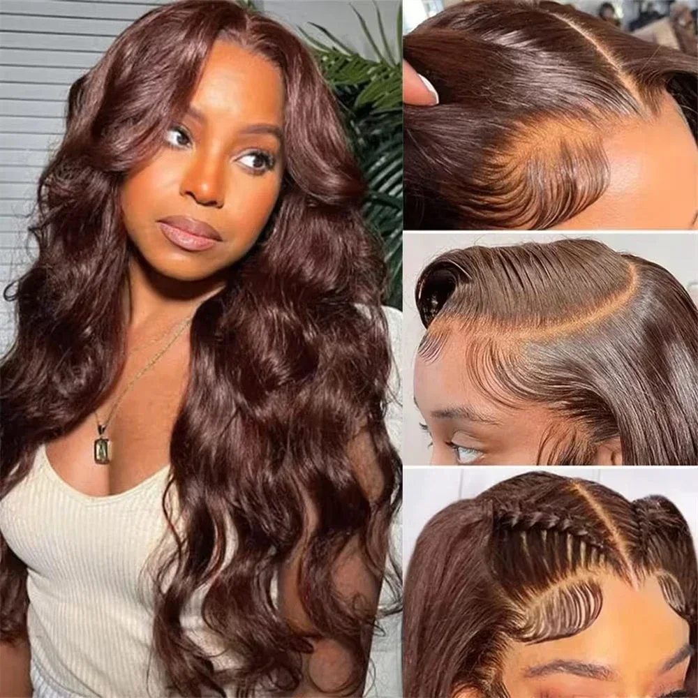 Chocolate Brown Lace Wig with Baby Hair Reddish Brown Colored 13x4 HD Body Wave Lace Front Wigs For Women Synthetic Glueless Wig 2