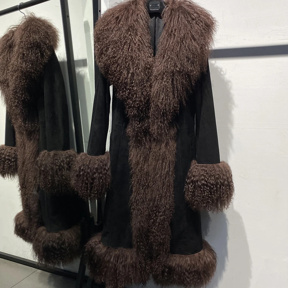 YOLOAgain Mongolia Sheep Fur Collar Long Real Leather Jacket For