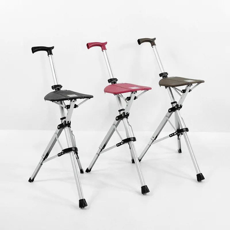 Elderly Crutch Stool with Seat Board Walking Stick Chair Adjustable Lightweight Retractable Multifunctional Tripod Walking Stick